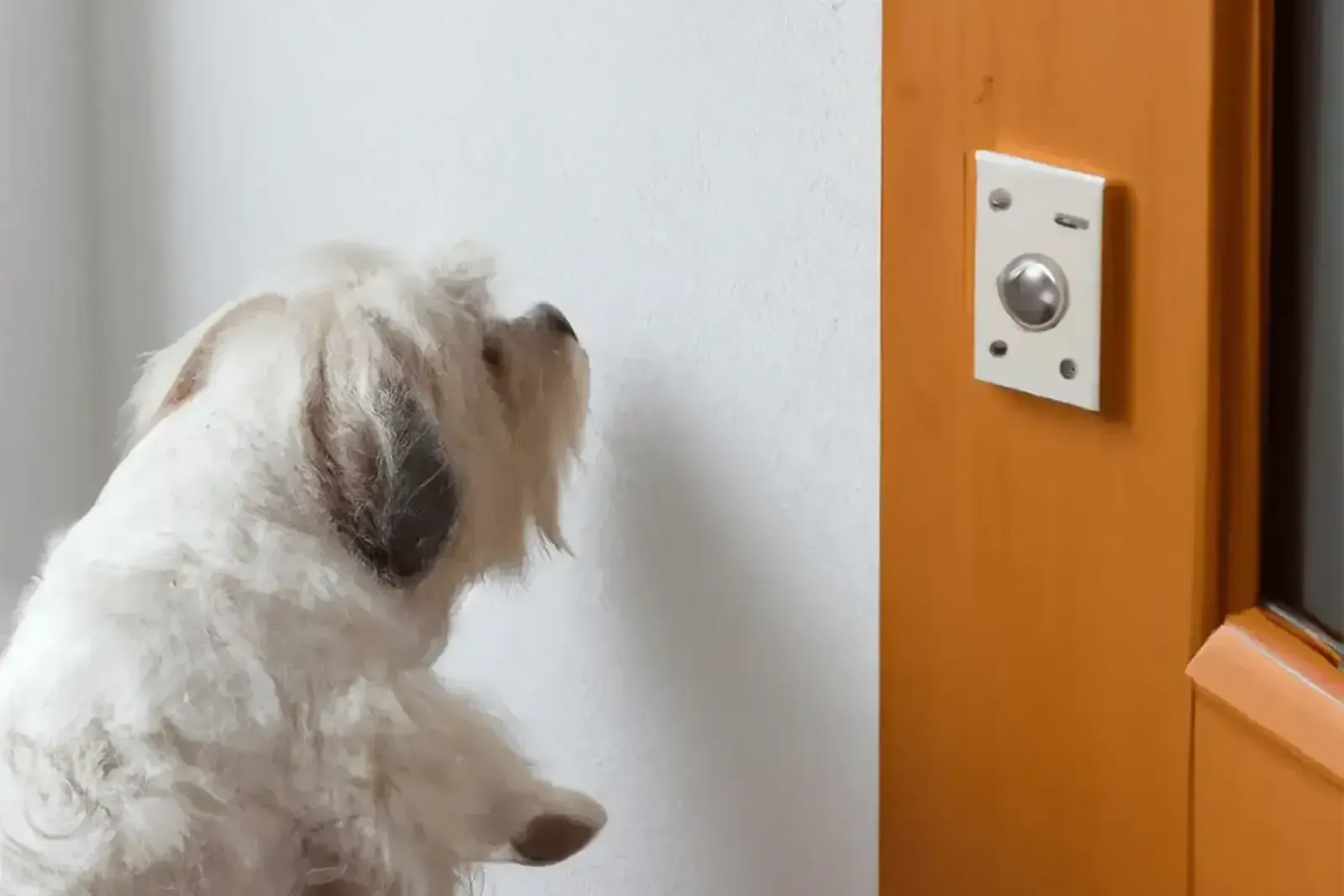 A small white dog sitting inside the front door, looking up towards the doorbell